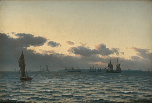 Sailing ships at sunset., 1878, Carl Emil Baagöe