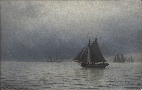 Ships at sea at dusk., 1878, Carl Emil Baagöe