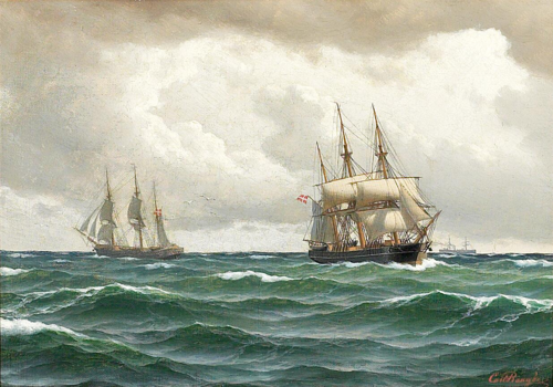 Two Danish sailing ships at sea., 1874, Carl Emil Baagöe
