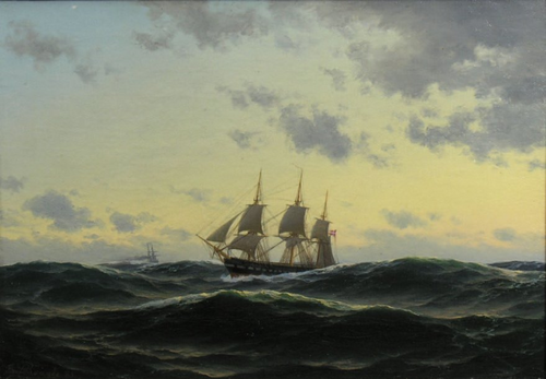 Ships at sea as evening approaches., 1883, Carl Emil Baagöe
