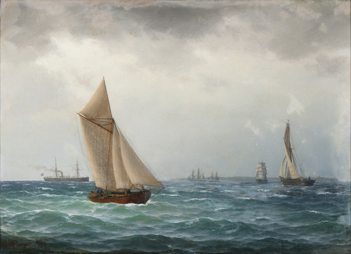 Sailboats and a steamer at sea., 1883, Carl Emil Baagöe