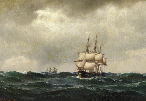 Sailing ships at sea in overcast weather., 1883, Carl Emil Baagöe
