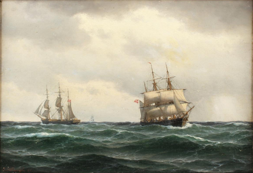 Danish sailing ships at sea. 1884., 1884, Carl Emil Baagöe