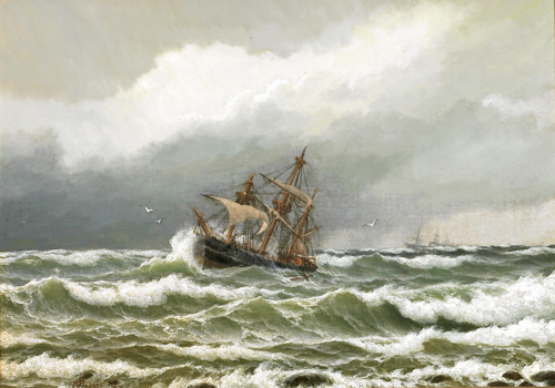 Two sailing ships in open sea., 1889, Carl Emil Baagöe