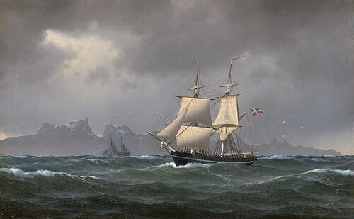 A brig off a rocky coast., 1874, Carl Emil Baagöe