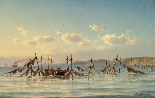 Early morning at the fishing village of Humlebæk. Fishermen are tending the nets., 1869, Carl Emil Baagöe