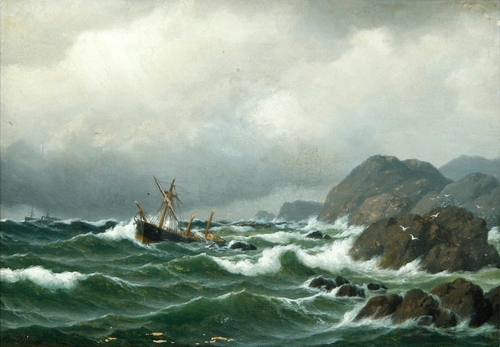 A shipwreck outside a rocky coast., 1891, Carl Emil Baagöe