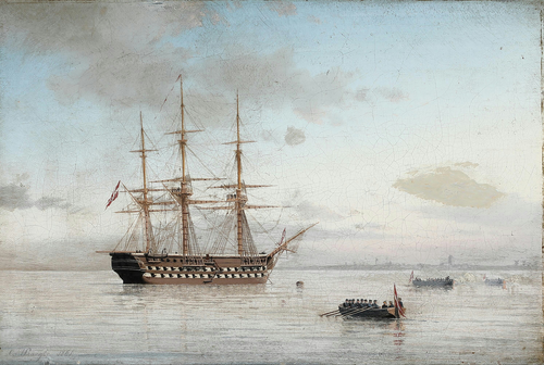 A Danish ship of the line at anchor., 1861, Carl Emil Baagöe