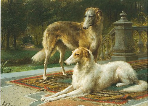 VERVALLEN Twee Russische hazewindhonden op terras, Twee borzois op een terras,, 1909, Otto Eerelman