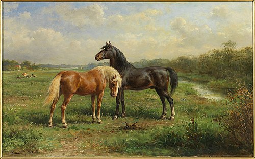 Zwarte hengst en vos in wei, 1915, Otto Eerelman