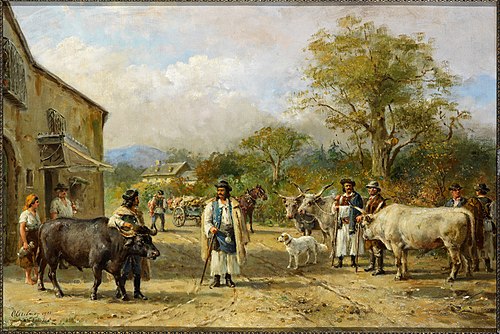 Boeren met vee op de weg naar de markt van Simmering bij Wenen, 1917, Otto Eerelman