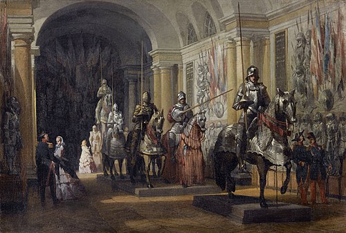 Salle des armures du musée d'Artillerie à Saint-Thomas d'Aquin à Paris, 1860, Auguste Mathieu