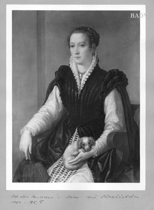 Bildnis einer Dame mit Schoßhündchen und Fächer, 1545, Giovanni Battista Moroni