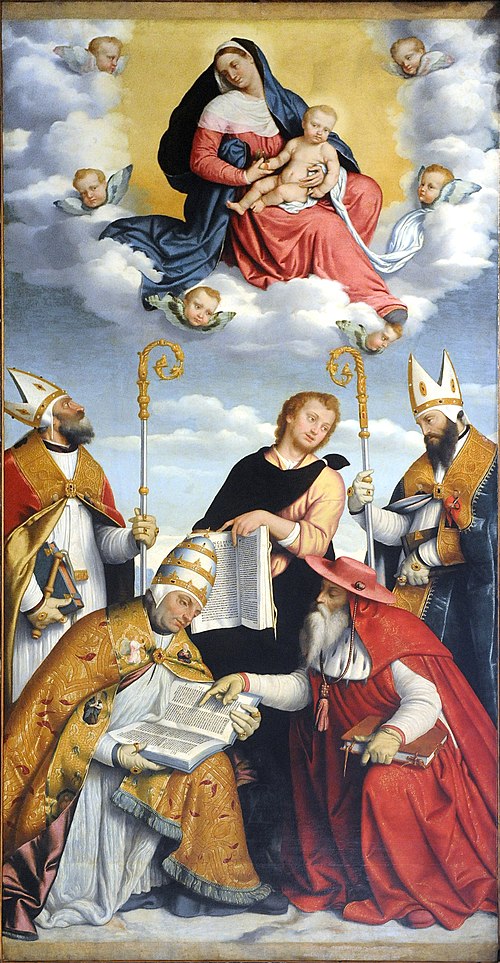 Madonna con Gesù Bambino in gloria, i quattro dottori della Chiesa e San Giovanni Evangelista, 1550, Giovanni Battista Moroni