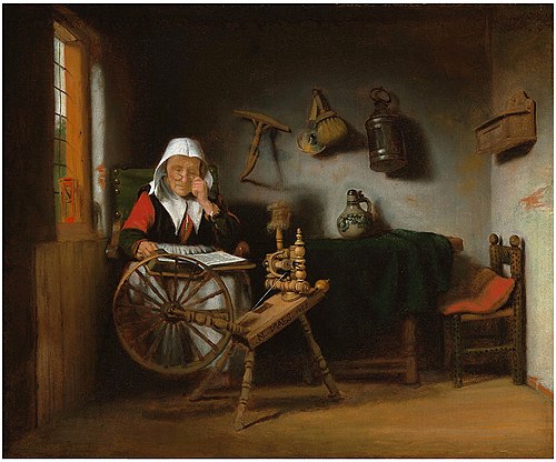 Old woman reading at a spinning wheel, 1658, 1658, Nicolas Maes