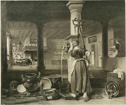 A young woman pumping water, 1655, Nicolas Maes