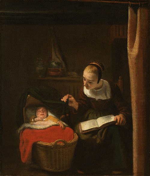 Young woman at the cradle, 1650, Nicolas Maes