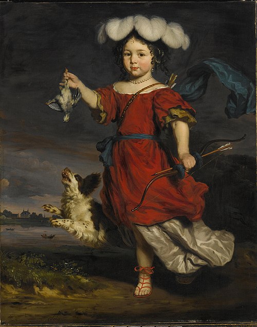 A Portrait of a Child dressed as a Hunter with a Dead Bird and a Dog, 1667, Nicolas Maes