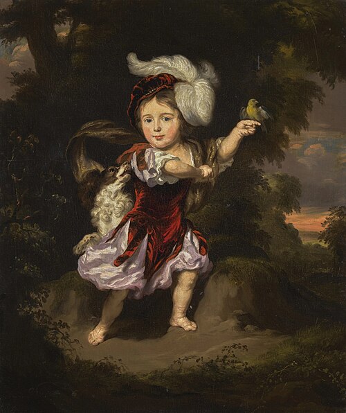 Portrait of a child in a landscape, with a dog and a goldfinch, 1677, Nicolaes Maes