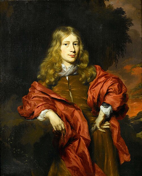 Portrait of a Gentleman in a Brown Tunic with a Red Cloak in a Wooded Landscape, 1676, Nicolaes Maes