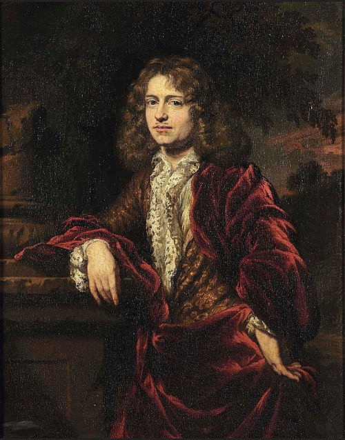 Portrait of a gentleman in a white lace trimmed chemise in a park, 1670, Nicolaes Maes