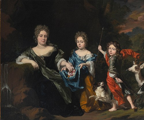 Portrait of a mother and two children in a park, 1690, Nicolaes Maes