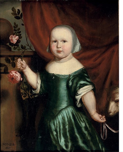 Portrait of a girl in a green dress, holding a rose, 1660, Nicolaes Maes