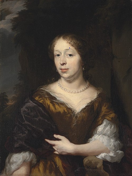 Portrait of a lady in a golden dress with a blue mantle, 1678, Nicolaes Maes