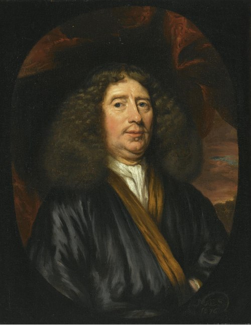 Portrait of a gentleman wearing a dark blue coat with a white chemise, 1676, Nicolaes Maes