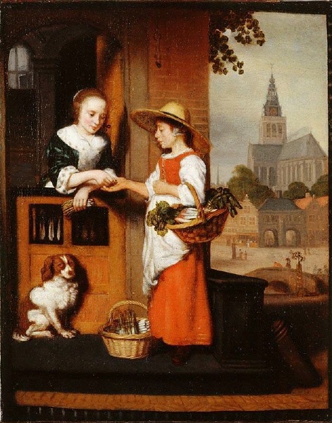 A Young Woman Selling Vegetables at the Door, 1658, Nicolas Maes