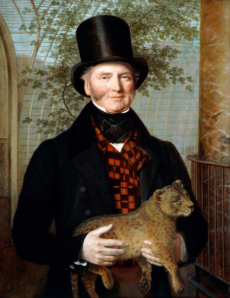 Portrait of Edward Cross, half-length, in a black coat and red-check waistcoat holding a Lion Cub, 1838, Jacques-Laurent Agasse