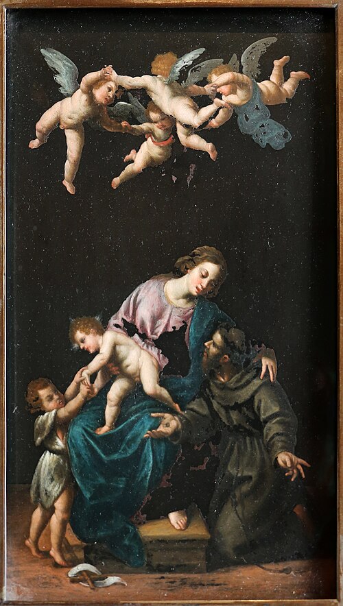 madonna col bambino e i ss. giovannino e francesco, su pietra di paragone, 1620, Alessandro Turchi
