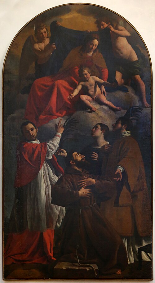 madonn}a col bambino tra i ss. carlo borromeo, francesco, scolastica e lorenzo, 1617, Alessandro Turchi