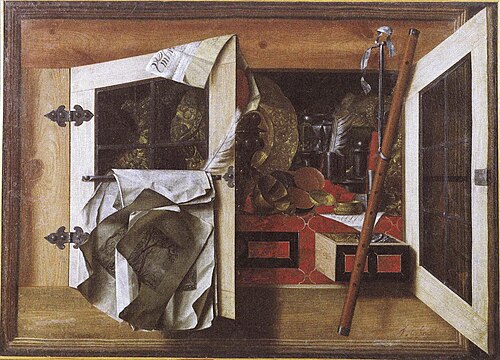 A trompe l'oeil still life with objects in a cupboard, 1675, Alessandro Turchi