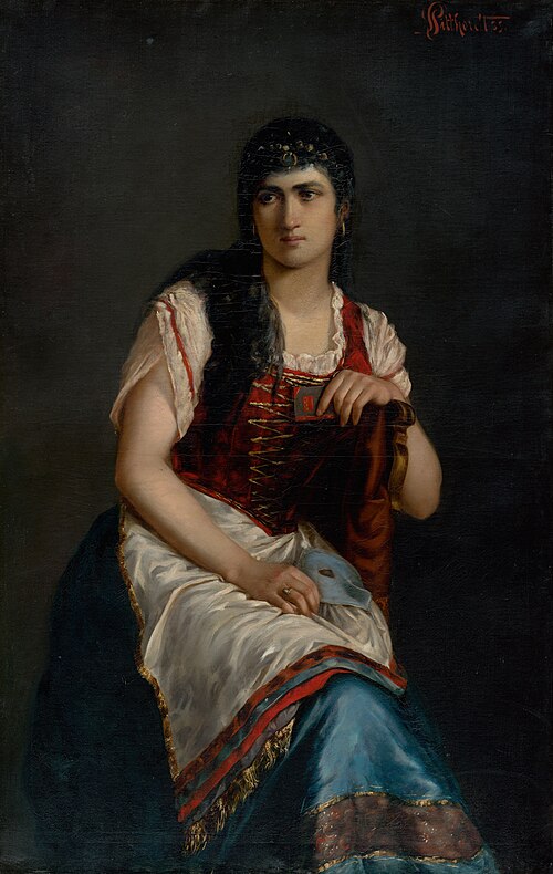 Podobizeň sediacej ženy so škraboškou, 1885, Ľudovít Pitthordt