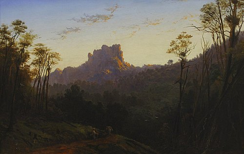 Castle Rock, Coromandel, sunrise, from the Mercury Bay track, 1888, Charles Blomfield