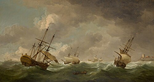 Frigates shortening sails offshore, , Charles Brooking