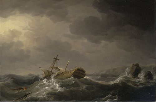 Ship wrecked on a rocky coast, 1750, Charles Brooking