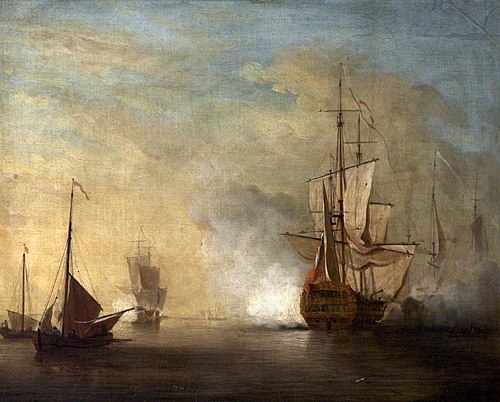 British Warship firing Salvoes in a Calm with Other Boats, 1751, Charles Brooking