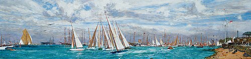 A one-design class crossing the starting line at Cowes Week, 1930, with King George V aboard the Roy, 1930, Charles Dixon