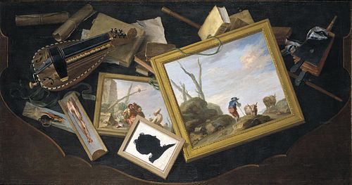 Table en désorde avec peintures, vielle à roue, livres et autres objets en trompe-l'œil., 1779, Charles Joseph Flipart