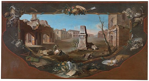 Paisaje con perspectiva arquitectónica y obelisco roto rodeado por cenefa decorativa en trampantojo, 1779, Charles Joseph Flipart
