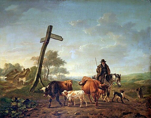 A Drover on Horseback with a Dog Driving Two Cows and a Calf, 1810, Charles Towne
