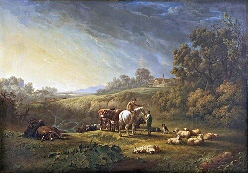 Landscape with Cattle and Sheep and a Rider in Conversation with a Herdsman, 1812, Charles Towne