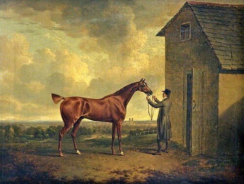 A Groom Holding an Unsaddled Chestnut Hunter Outside a Stable, 1817, Charles Towne