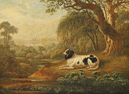 Black and White Spaniel in a Landscape, 1828, Charles Towne