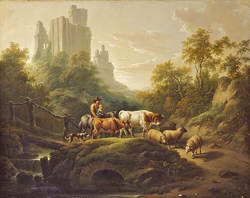 Evening Landscape with a Herdsman, Cattle and Sheep Crossing a Bridge, 1800, Charles Towne