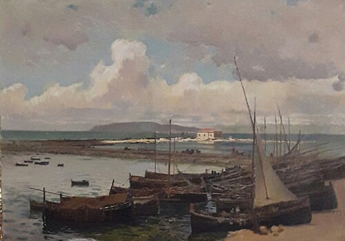 "Marina", veduta del porto peschereccio di Trapani, con sullo sfondo villa Nasi e Favignana, 1900, Francesco Lojacono