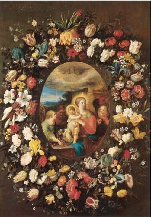 Garland of Flowers around an Image of the Holy Family and Angels, 1620, Andries Daniels