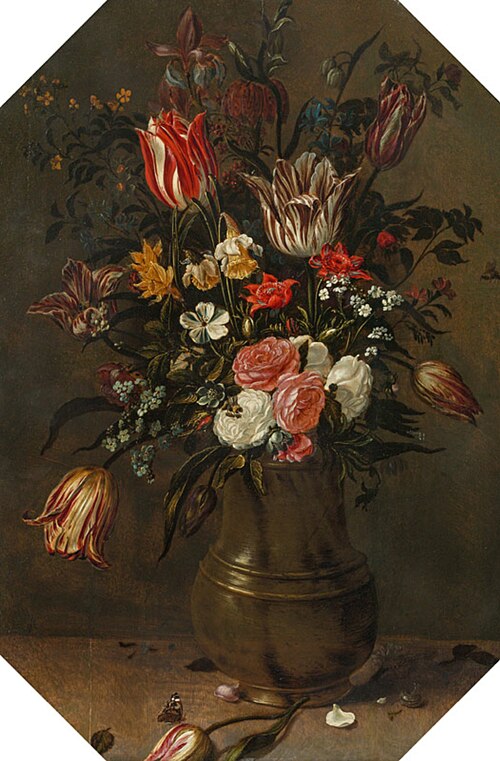 Bouquet of flowers with tulips, roses, daffodils, forget-me-nots amongst others in a metal jug, 1612, Andries Daniels